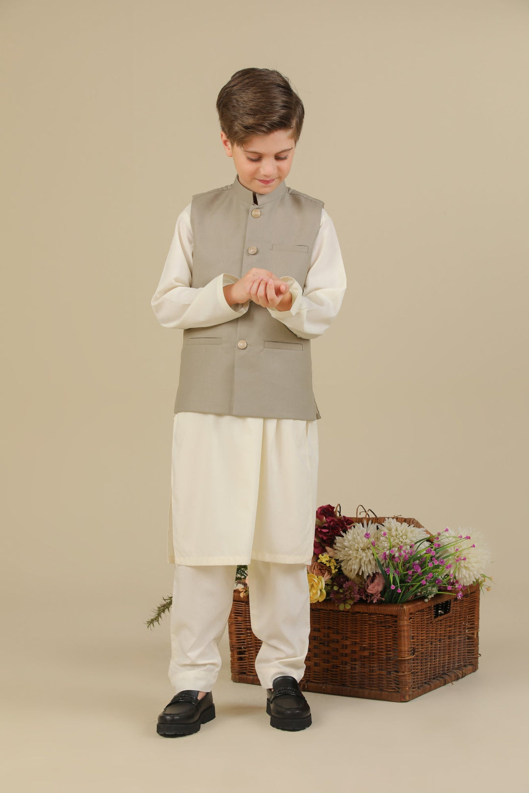 Muraqsh Ready To Wear Solids Bosky Boys Bosky White Kurta Trouser with Beige Suiting Waistcoat Straight Cut MUR-BWKTW - Summer Collection