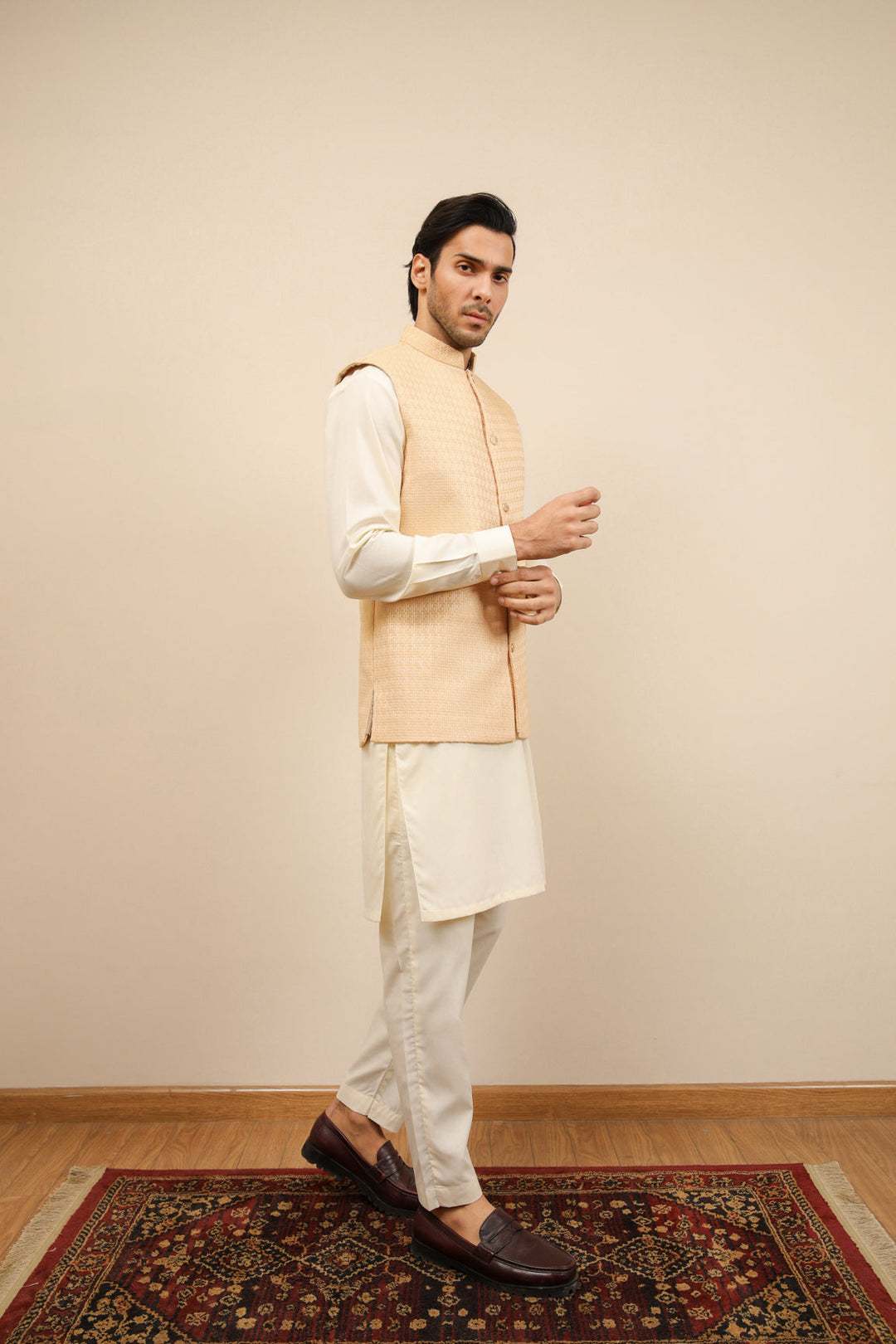 Muraqsh Ready To Wear Solids Waffle Men Skin Textured Jamawar Waistcoat MURWTJW - Summer Collection
