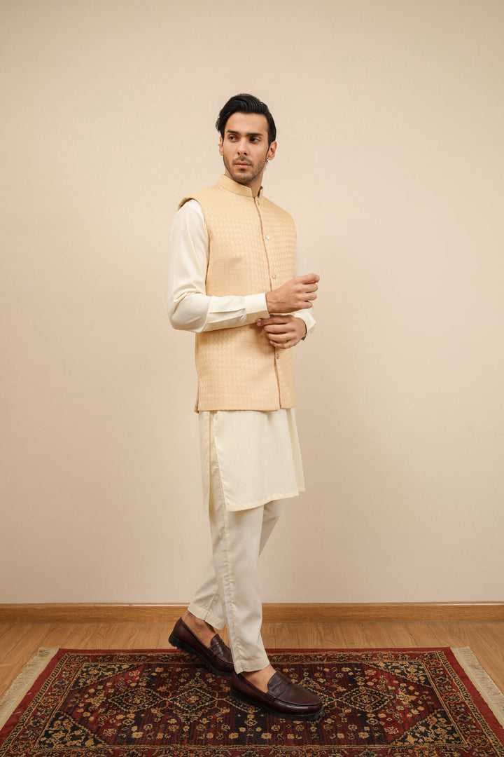 Muraqsh Ready To Wear Solids Waffle Men Skin Textured Jamawar Waistcoat MURWTJW - Summer Collection