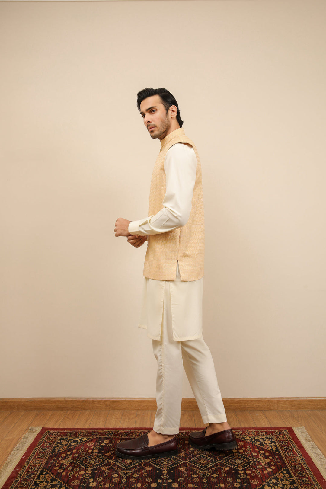 Muraqsh Ready To Wear Solids Waffle Men Skin Textured Jamawar Waistcoat MURWTJW - Summer Collection