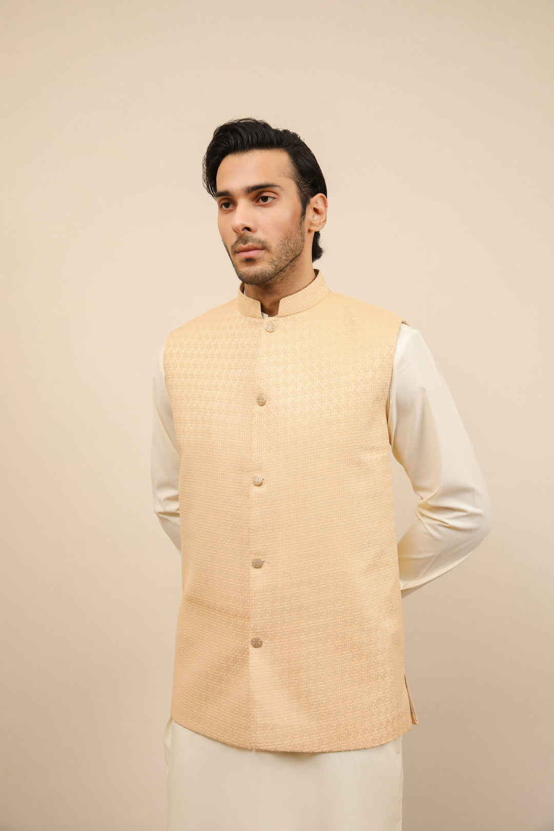 Muraqsh Ready To Wear Solids Bosky Men Bosky White Kurta Trouser with Skin Jamawar Waistcoat MUR-BWKTW - Summer Collection