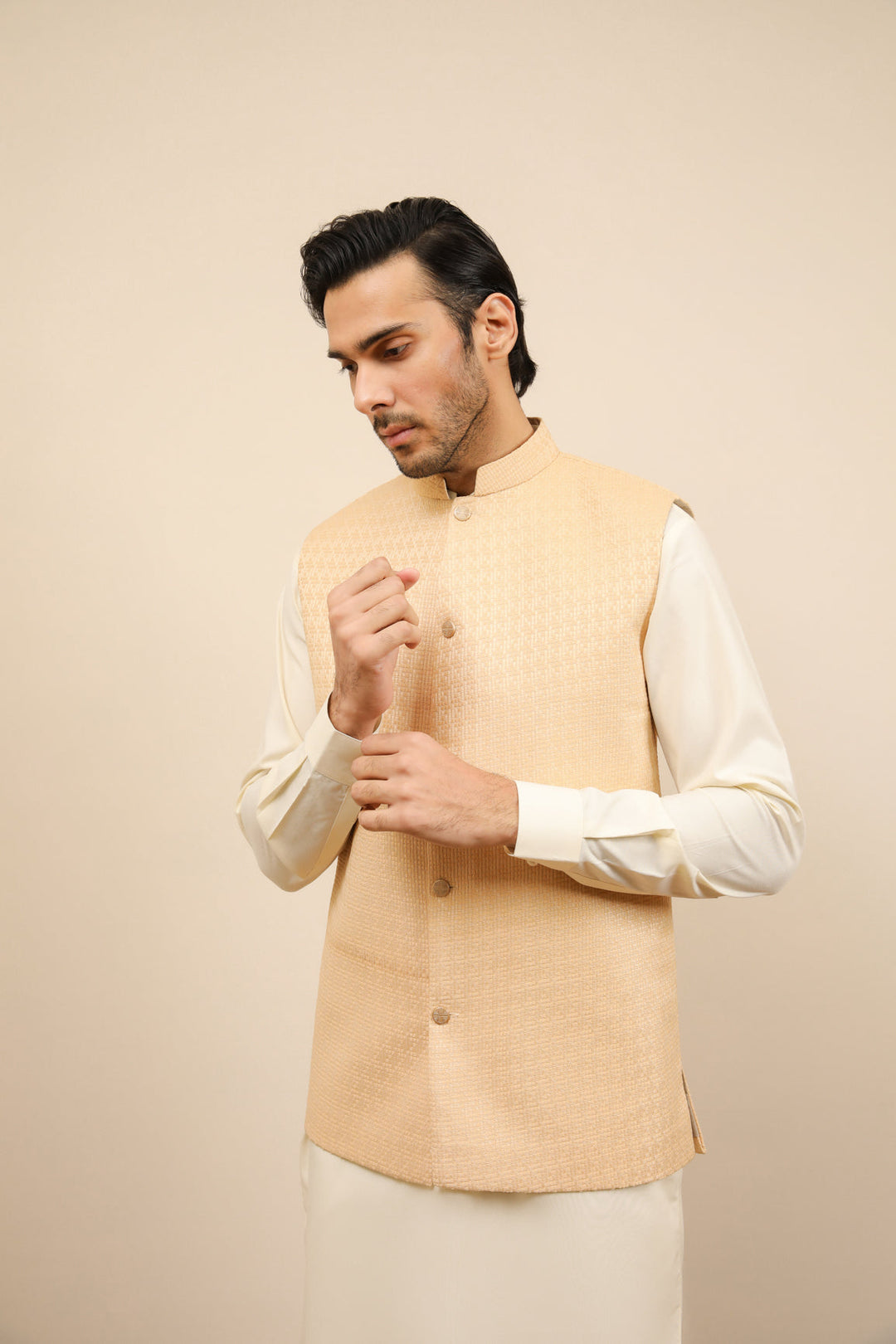 Muraqsh Ready To Wear Solids Waffle Men Skin Textured Jamawar Waistcoat MURWTJW - Summer Collection