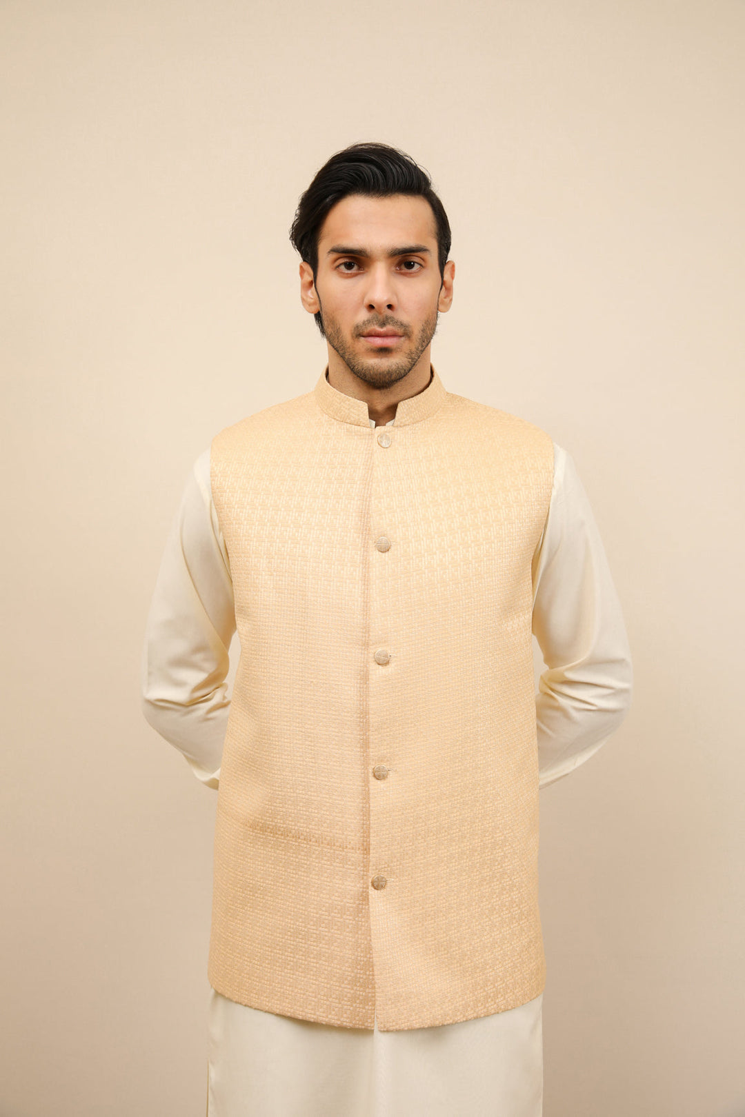 Muraqsh Ready To Wear Solids Waffle Men Skin Textured Jamawar Waistcoat MURWTJW - Summer Collection
