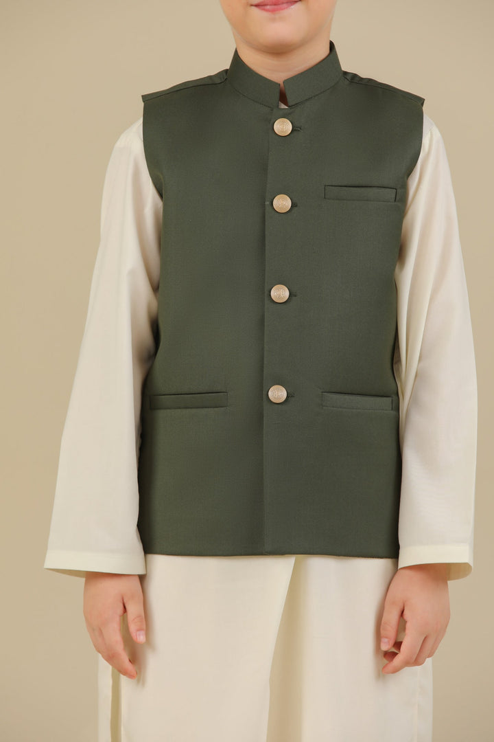 Muraqsh Ready To Wear Solids Cotton Boys Deep Olive Suiting Waistcoat Straight Cut Buttoned MUR-AGSW - Summer Collection