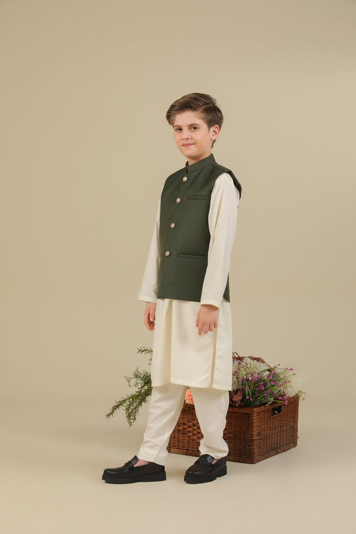 Muraqsh Ready To Wear Solids Bosky Boys Bosky White Kurta Trouser with Army Green Suiting Waistcoat Straight Cut MUR-CWKTW - Summer Collection