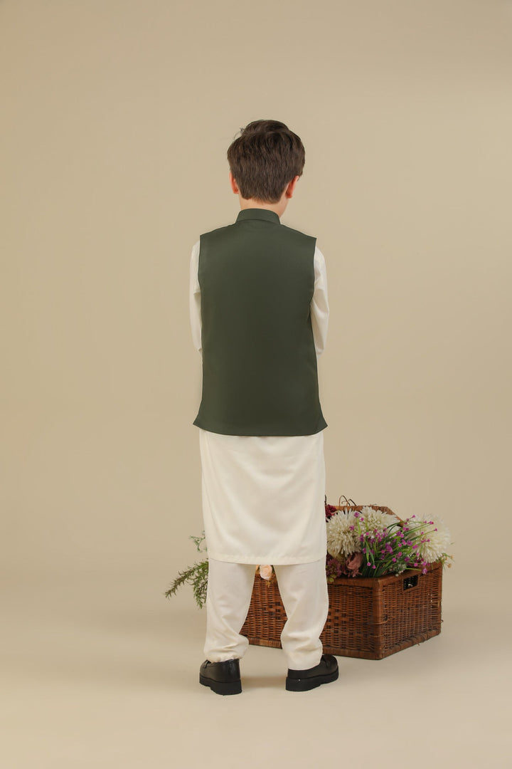 Muraqsh Ready To Wear Solids Bosky Boys Bosky White Kurta Trouser with Army Green Suiting Waistcoat Straight Cut MUR-CWKTW - Summer Collection