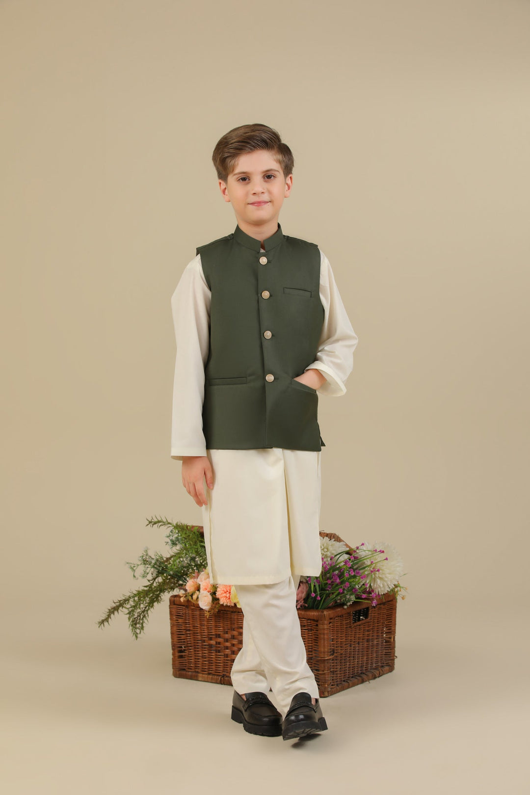 Muraqsh Ready To Wear Solids Cotton Boys Deep Olive Suiting Waistcoat Straight Cut Buttoned MUR-AGSW - Summer Collection