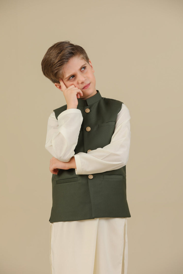 Muraqsh Ready To Wear Solids Cotton Boys Deep Olive Suiting Waistcoat Straight Cut Buttoned MUR-AGSW - Summer Collection