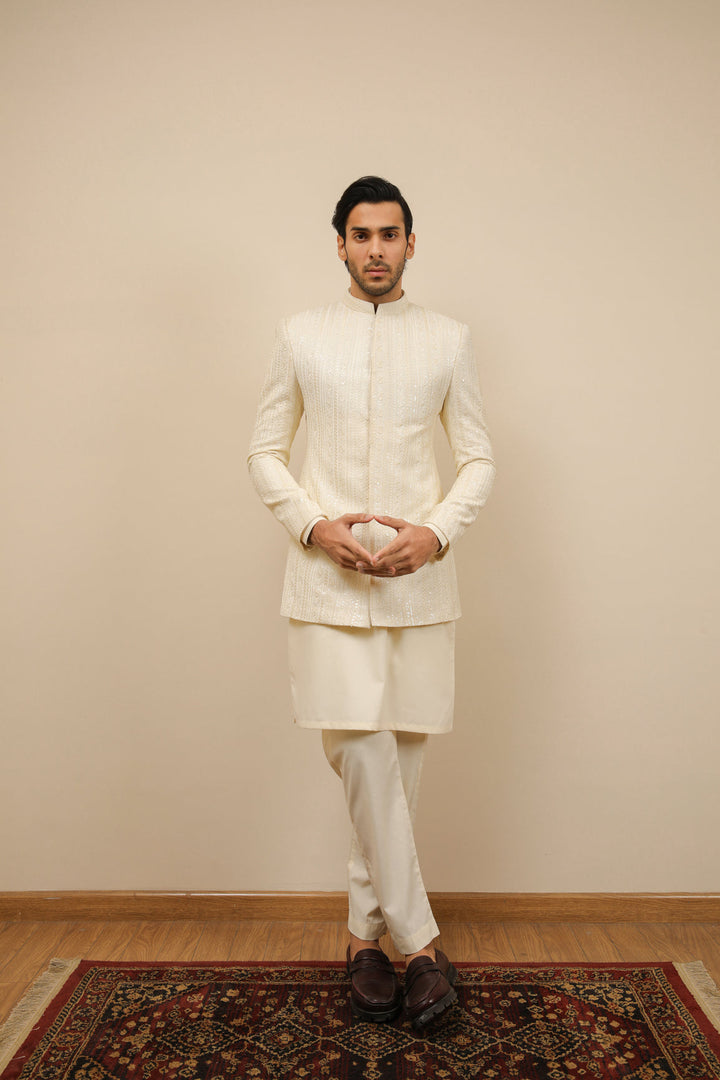 Muraqsh Ready To Wear Embroidered Bosky Men White Falling Prince Coat MUR-BWFEP - Summer Collection