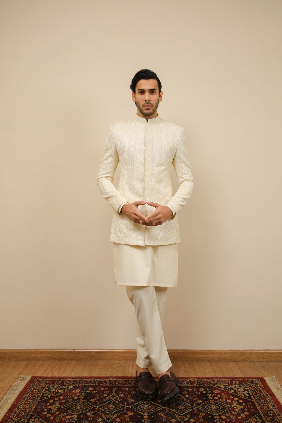 Muraqsh Ready To Wear Embroidered Bosky Men Bosky White Kurta Trouser with Falling Prince Coat ABD-BWKTW - Summer Collection