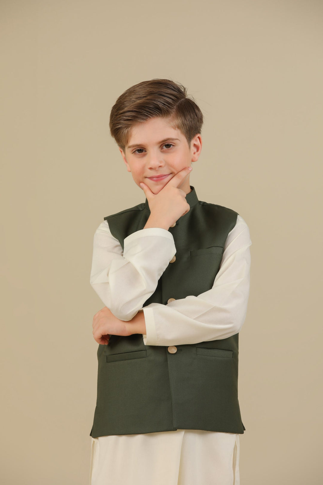 Muraqsh Ready To Wear Solids Bosky Boys Bosky White Kurta Trouser with Army Green Suiting Waistcoat Straight Cut MUR-CWKTW - Summer Collection