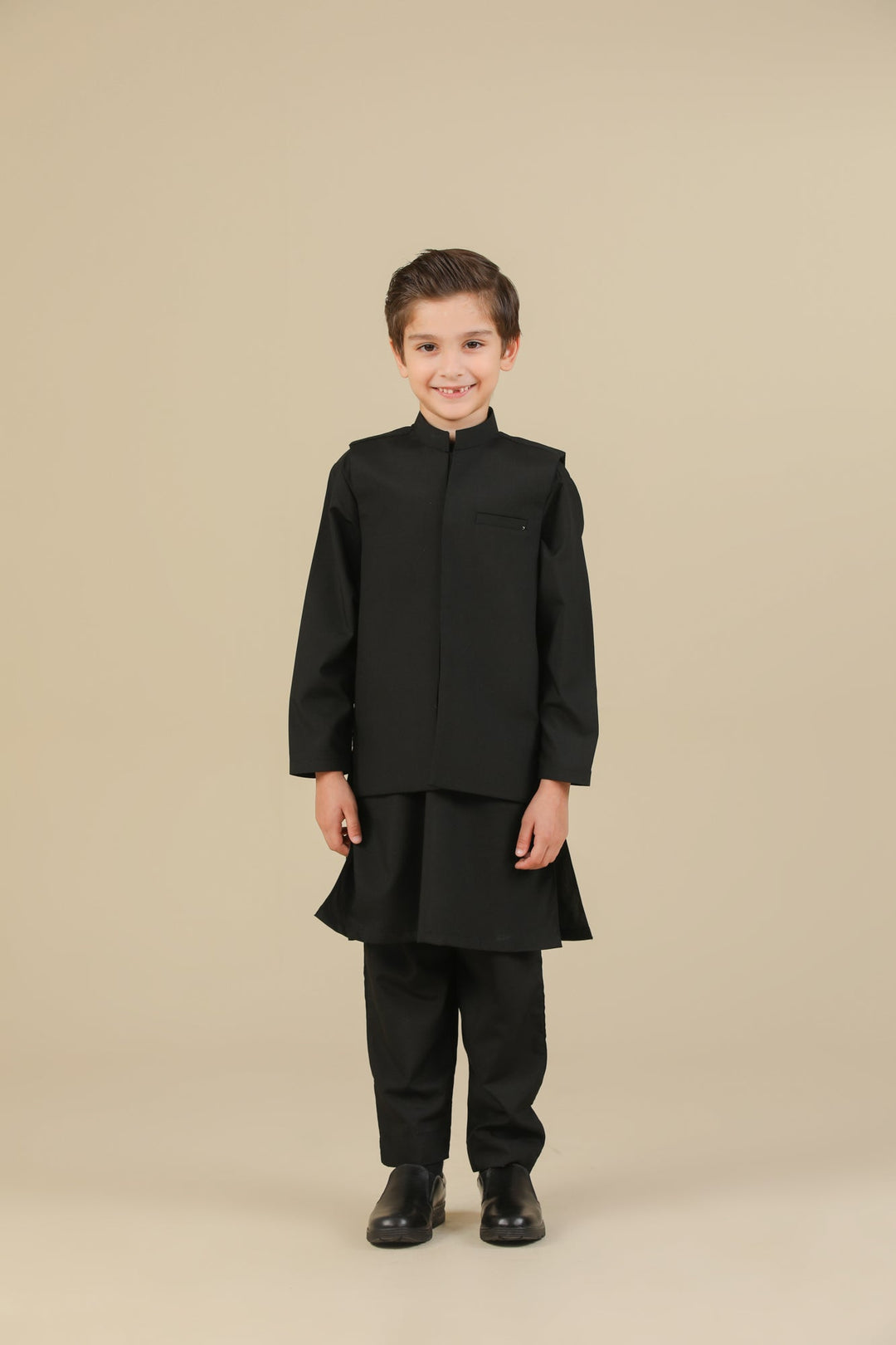 Muraqsh Ready To Wear Solids Cotton Boys Midnight Black Kurta Trouser with Blended Waistcoat MURBKTW - Summer Collection