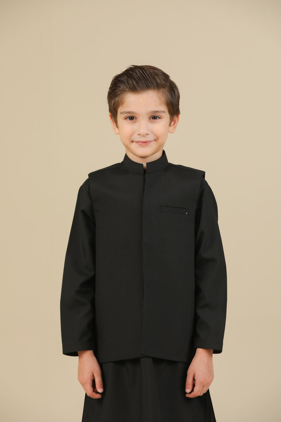Muraqsh Ready To Wear Solids Cotton Boys Midnight Black Kurta Trouser with Blended Waistcoat MURBKTW - Summer Collection