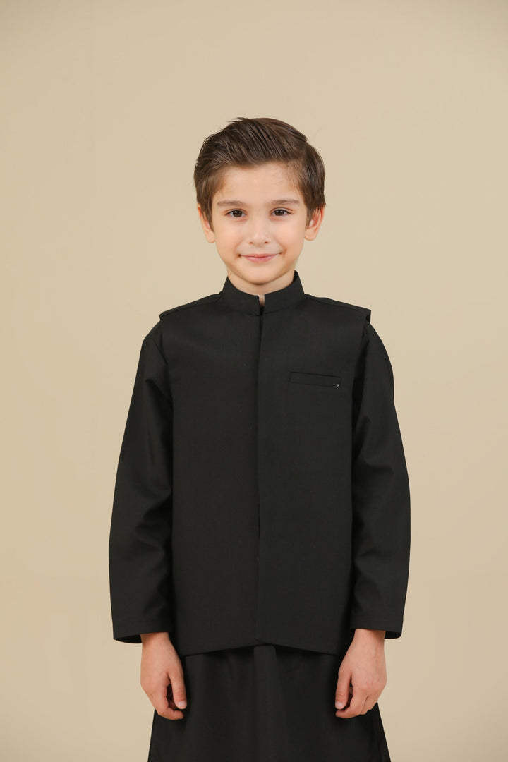 Muraqsh Ready To Wear Solids Cotton Boys Midnight Black Kurta Trouser with Blended Waistcoat MURBKTW - Summer Collection