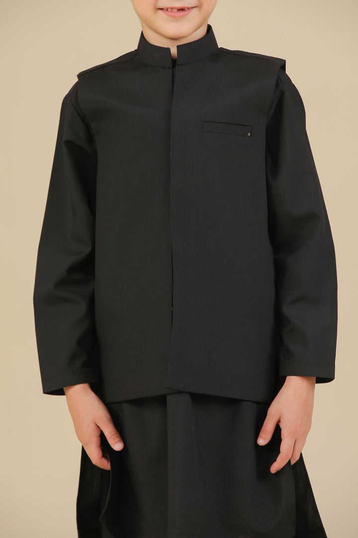 Muraqsh Ready To Wear Solids Cotton Boys Midnight Black Kurta Trouser with Blended Waistcoat MURBKTW - Summer Collection