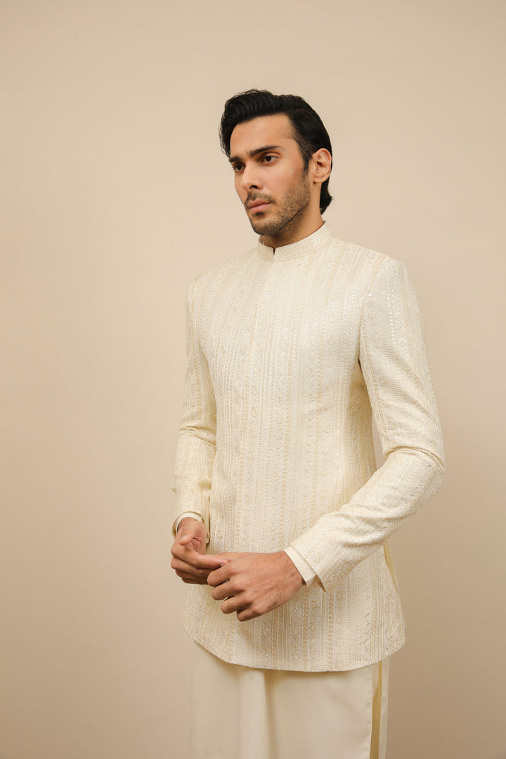 Muraqsh Ready To Wear Embroidered Bosky Men White Falling Prince Coat MUR-BWFEP - Summer Collection