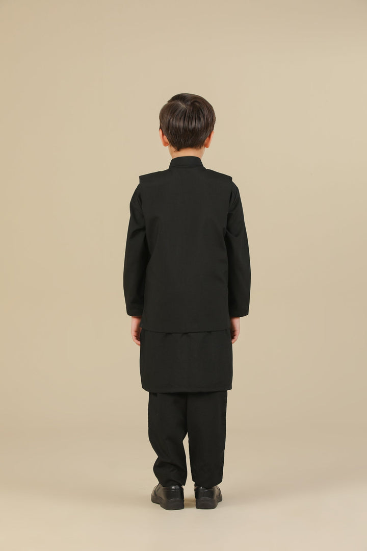 Muraqsh Ready To Wear Solids Cotton Boys Midnight Black Kurta Trouser with Blended Waistcoat MURBKTW - Summer Collection