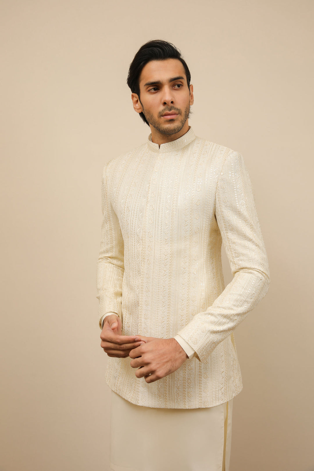 Muraqsh Ready To Wear Embroidered Bosky Men White Falling Prince Coat MUR-BWFEP - Summer Collection