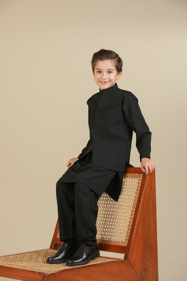 Muraqsh Ready To Wear Solids Cotton Boys Midnight Black Kurta Trouser with Blended Waistcoat MURBKTW - Summer Collection