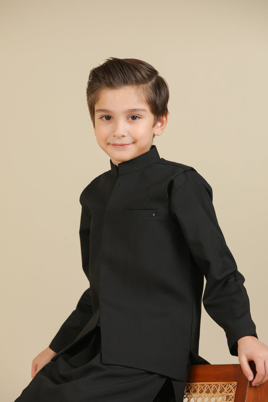 Muraqsh Ready To Wear Solids Cotton Boys Midnight Black Kurta Trouser with Blended Waistcoat MURBKTW - Summer Collection