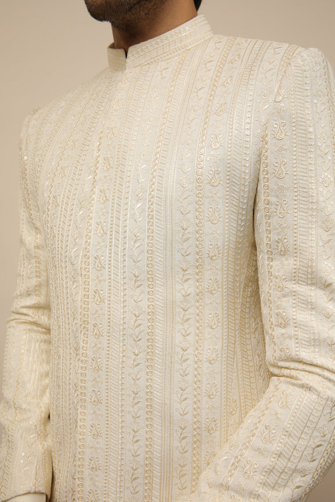 Muraqsh Ready To Wear Embroidered Bosky Men Bosky White Kurta Trouser with Falling Prince Coat ABD-BWKTW - Summer Collection