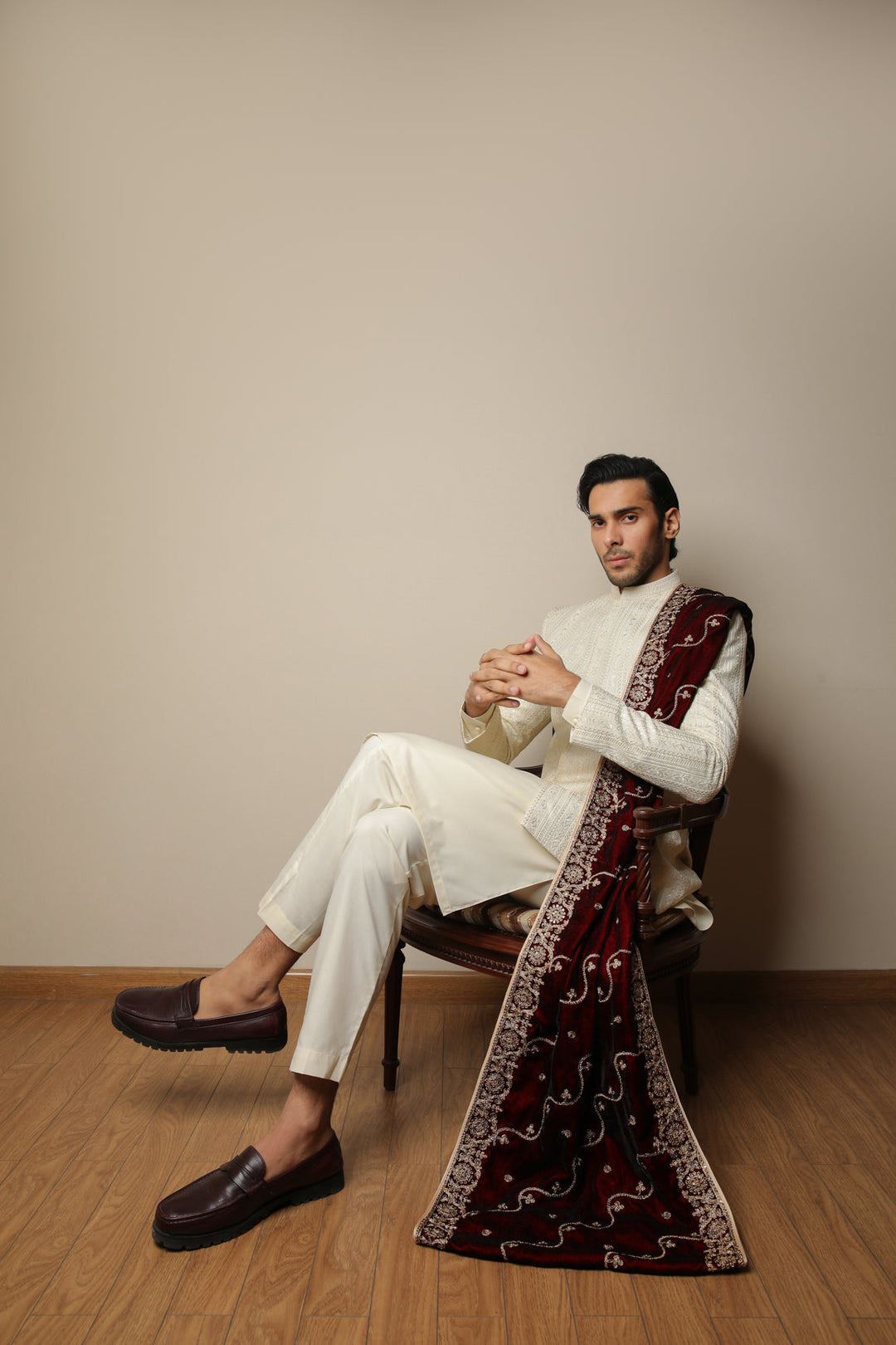 Muraqsh Ready To Wear Embroidered Bosky Men Bosky White Kurta Trouser with Falling Prince Coat ABD-BWKTW - Summer Collection