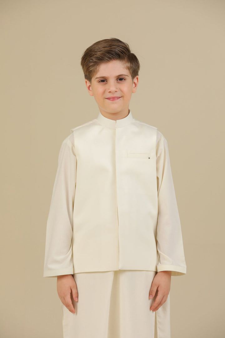 Muraqsh Ready To Wear Solids Bosky Boys Bosky White Kurta Trouser with Blended Waistcoat MUR-CWKTW - Summer Collection