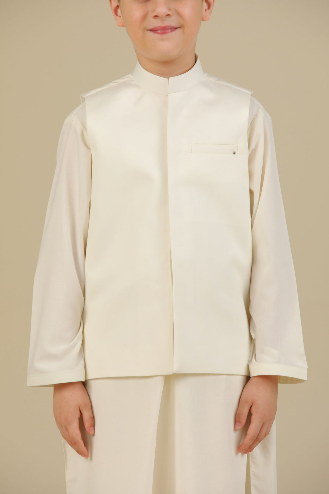 Muraqsh Ready To Wear Solids Bosky Boys Bosky White Kurta Trouser with Blended Waistcoat MUR-CWKTW - Summer Collection