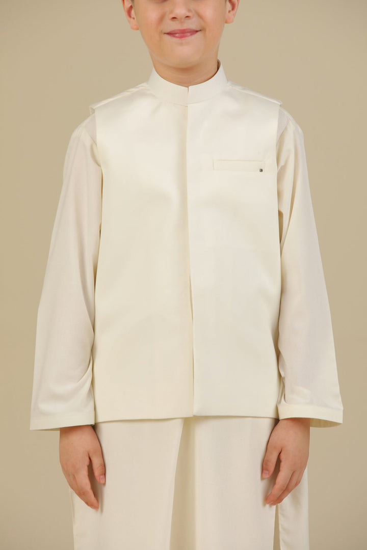 Muraqsh Ready To Wear Solids Bosky Boys Bosky White Kurta Trouser with Blended Waistcoat MUR-CWKTW - Summer Collection
