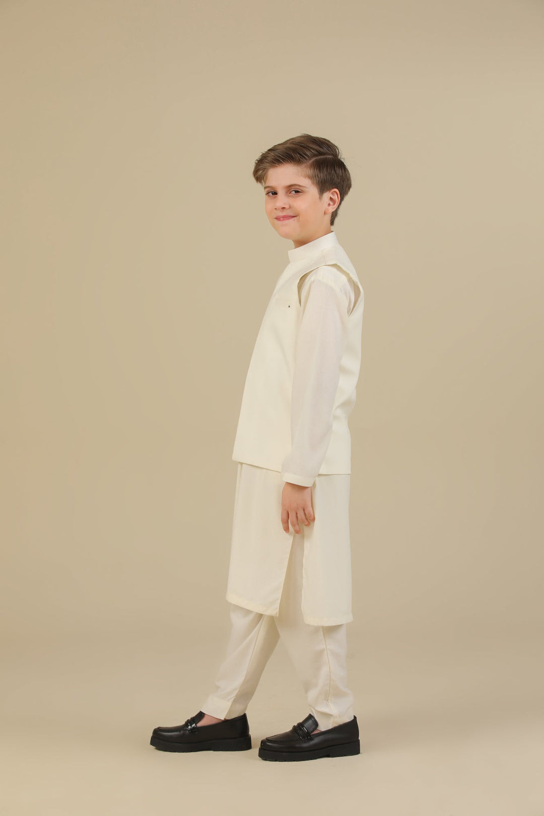 Muraqsh Ready To Wear Solids Bosky Boys Bosky White Kurta Trouser with Blended Waistcoat MUR-CWKTW - Summer Collection