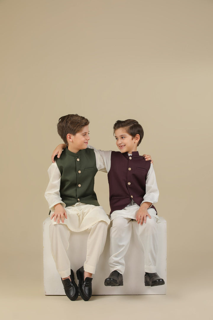 Muraqsh Ready To Wear Solids Cotton Boys Off White Kurta Trouser with Burgundy Suiting Waistcoat Straight Cut MUR-OWKTW - Summer Collection