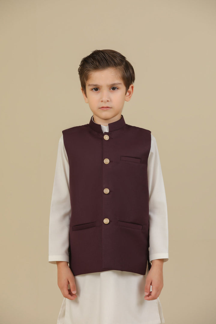 Muraqsh Ready To Wear Solids Cotton Boys Off White Kurta Trouser with Burgundy Suiting Waistcoat Straight Cut MUR-OWKTW - Summer Collection