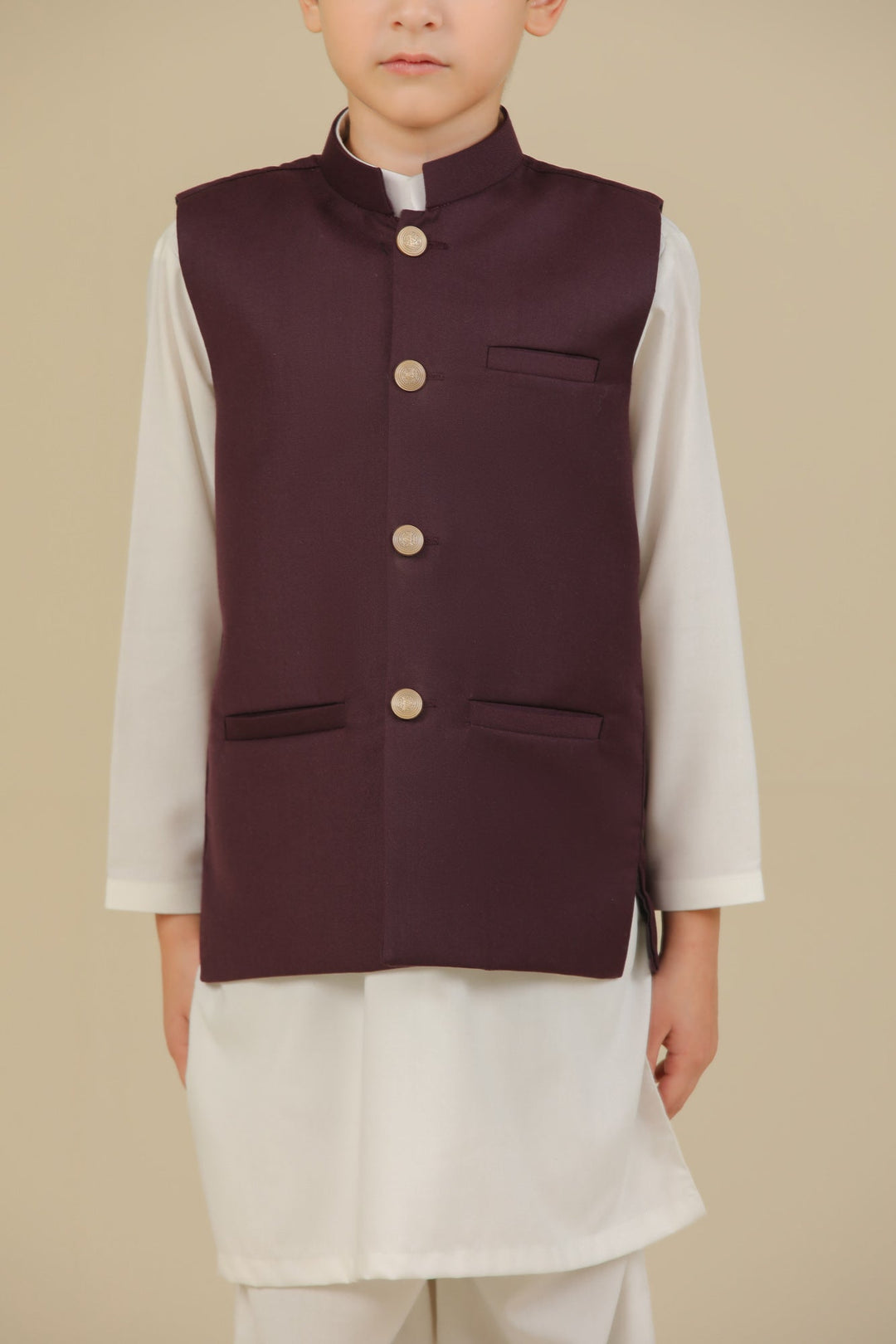 Muraqsh Ready To Wear Solids Cotton Boys Off White Kurta Trouser with Burgundy Suiting Waistcoat Straight Cut MUR-OWKTW - Summer Collection