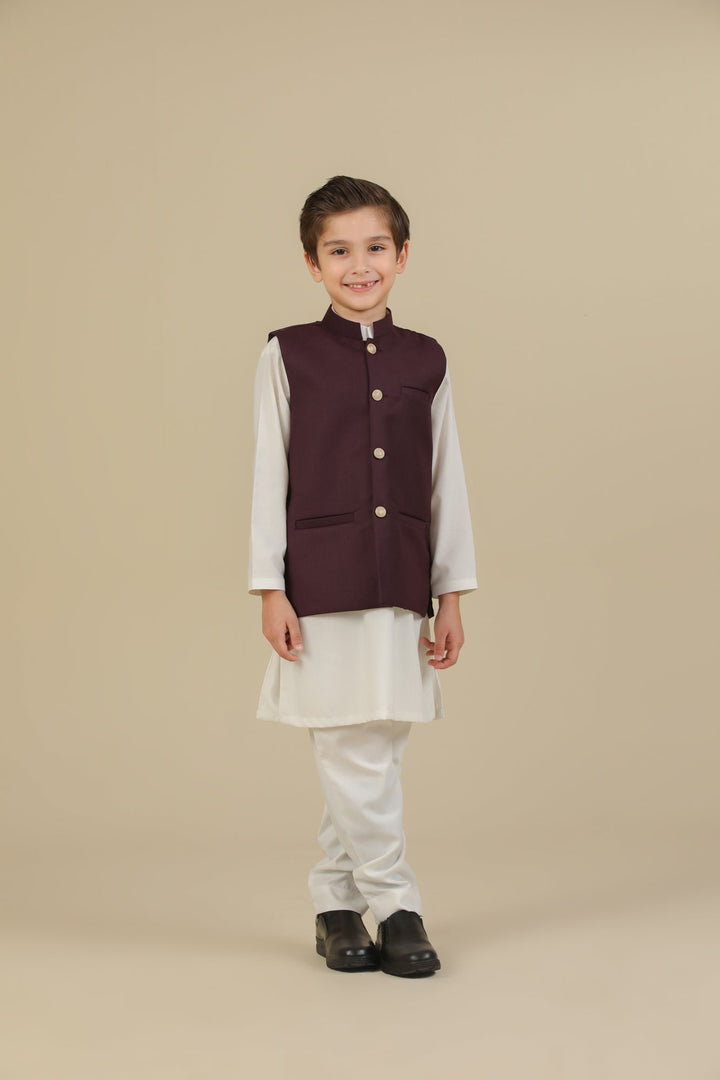 Muraqsh Ready To Wear Solids Cotton Boys Off White Kurta Trouser with Burgundy Suiting Waistcoat Straight Cut MUR-OWKTW - Summer Collection