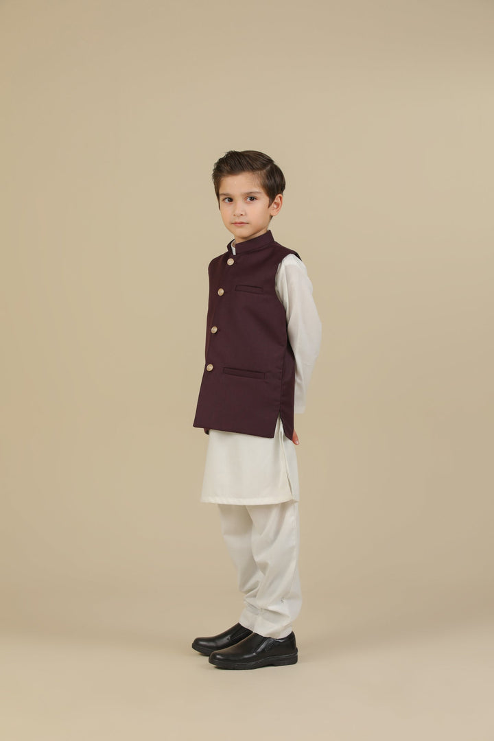Muraqsh Ready To Wear Solids Cotton Boys Off White Kurta Trouser with Burgundy Suiting Waistcoat Straight Cut MUR-OWKTW - Summer Collection