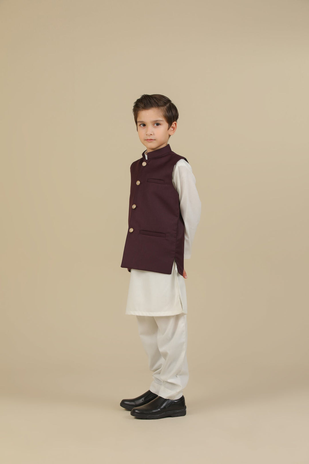 Muraqsh Ready To Wear Solids Cotton Boys Beige Suiting Waistcoat Straight Cut Buttoned MUR-BSW - Summer Collection