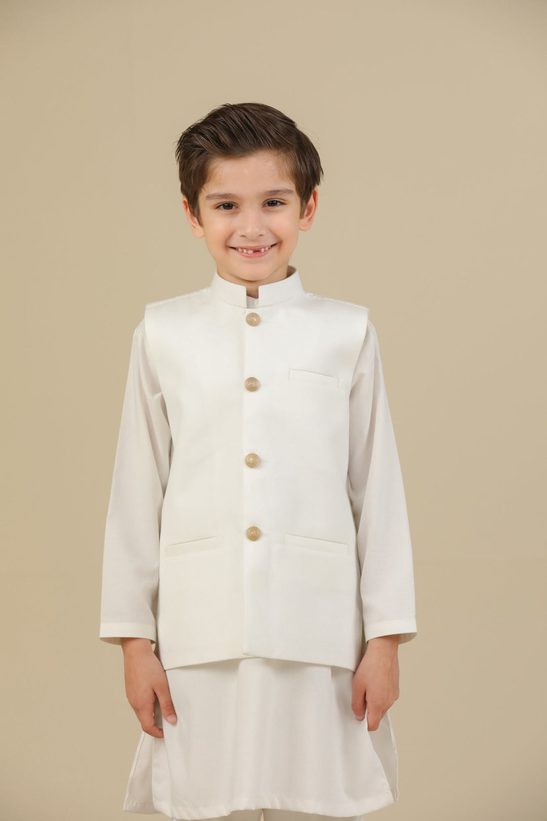 Muraqsh Ready To Wear Solids Cotton Boys Off White Kurta Trouser with Suiting Waistcoat Straight Cut MUR-OWKTW - Summer Collection