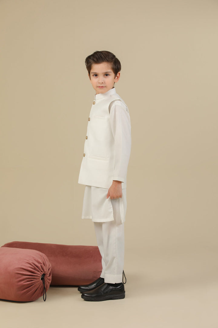 Muraqsh Ready To Wear Solids Cotton Boys Off White Kurta Trouser with Suiting Waistcoat Straight Cut MUR-OWKTW - Summer Collection