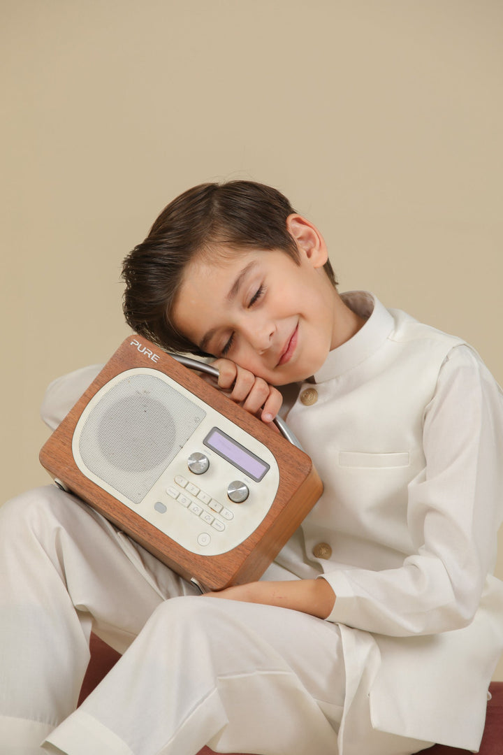 Muraqsh Ready To Wear Solids Cotton Boys Off White Kurta Trouser with Suiting Waistcoat Straight Cut MUR-OWKTW - Summer Collection