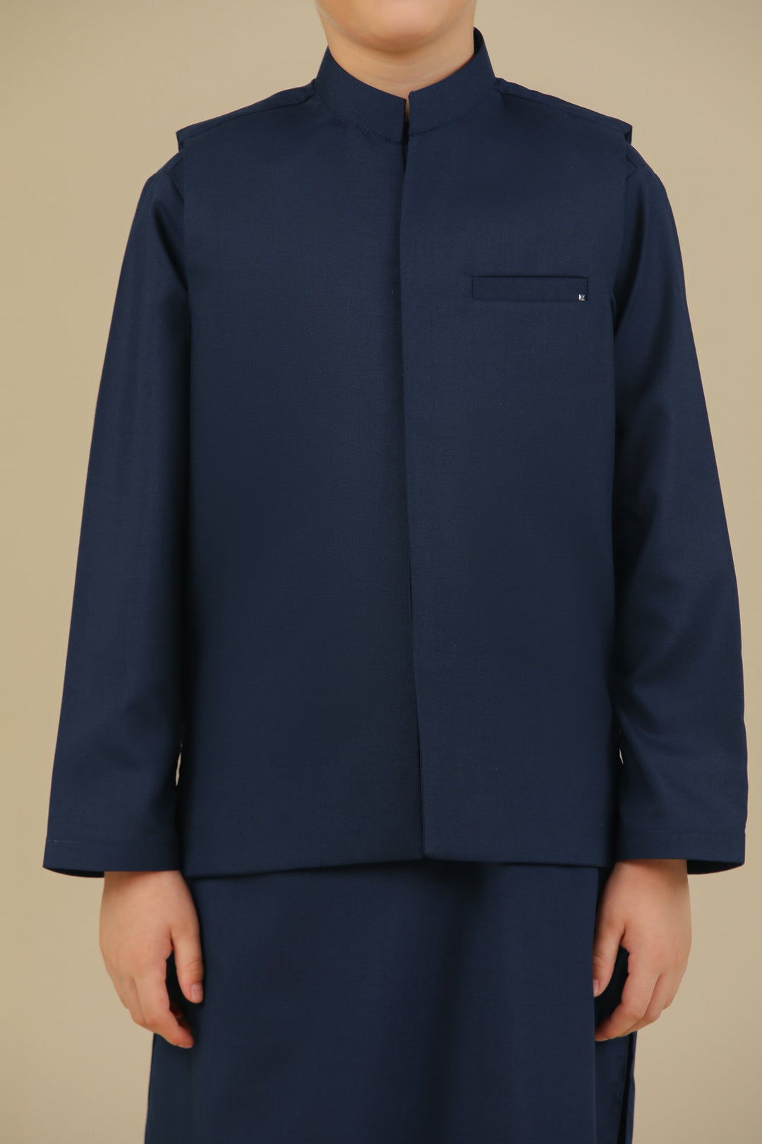 Muraqsh Ready To Wear Solids Cotton Boys Navy Blue Kurta Trouser with Blended Waistcoat MUR-NBKTW - Summer Collection