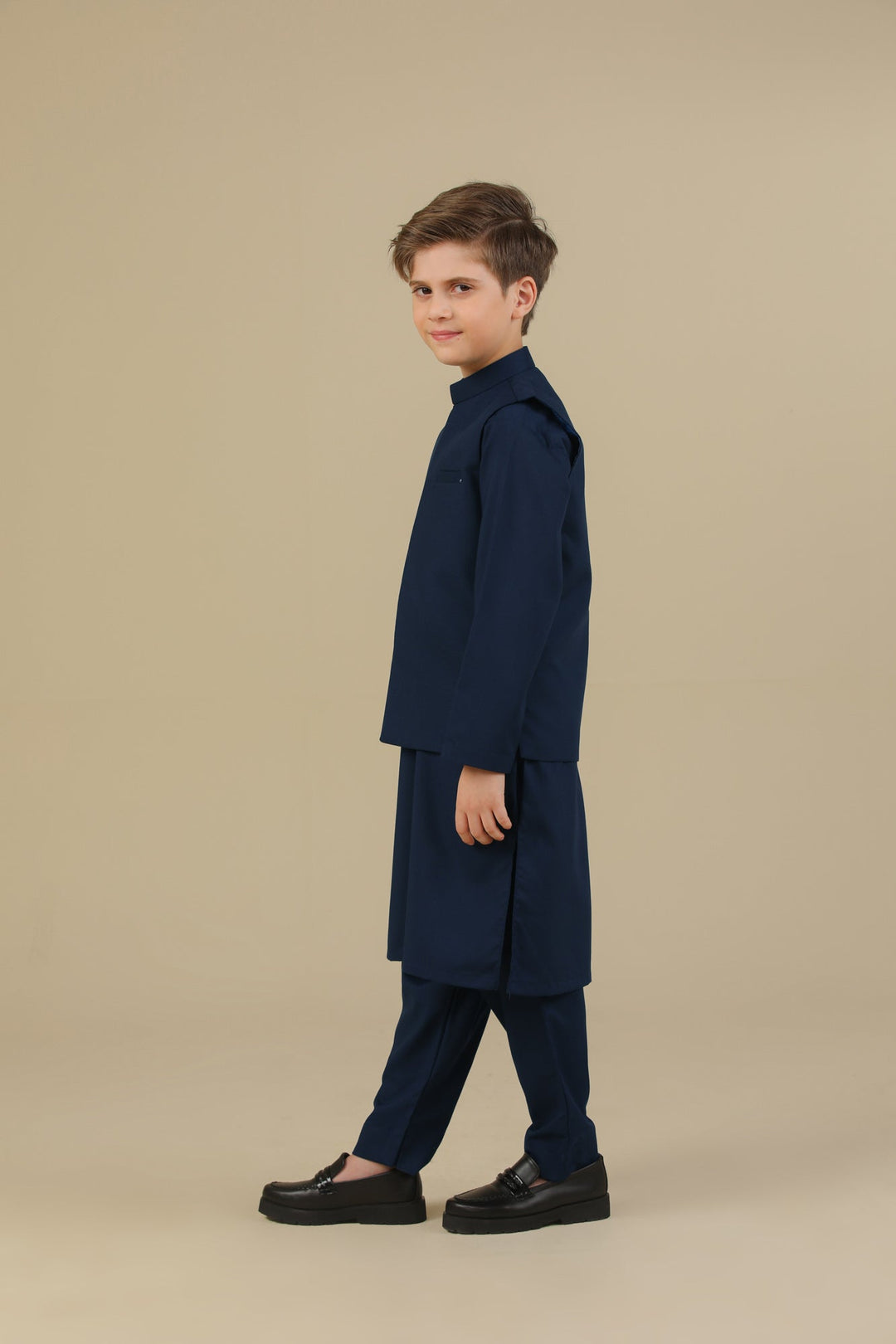 Muraqsh Ready To Wear Solids Cotton Boys Navy Blue Kurta Trouser with Blended Waistcoat MUR-NBKTW - Summer Collection