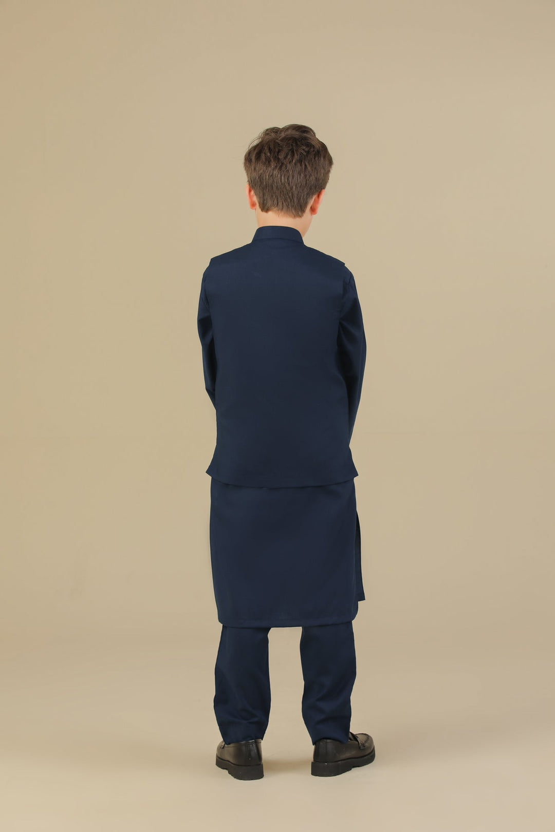 Muraqsh Ready To Wear Solids Cotton Boys Navy Blue Kurta Trouser with Blended Waistcoat MUR-NBKTW - Summer Collection