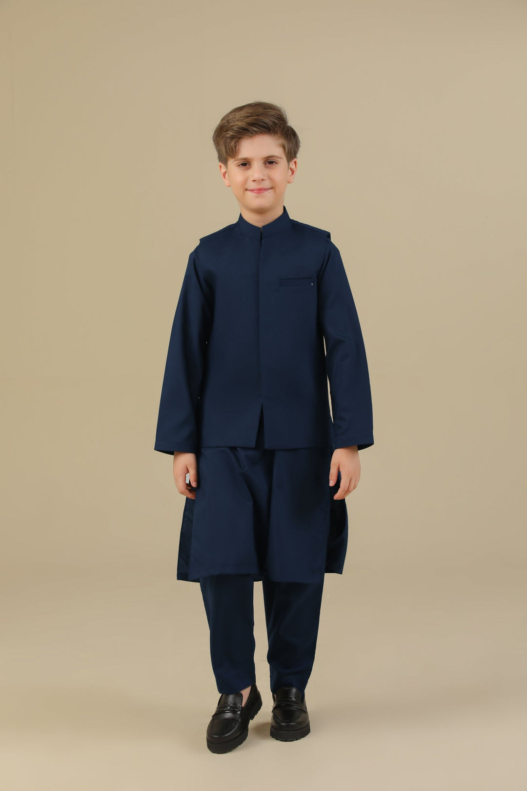 Muraqsh Ready To Wear Solids Cotton Boys Navy Blue Kurta Trouser with Blended Waistcoat MUR-NBKTW - Summer Collection