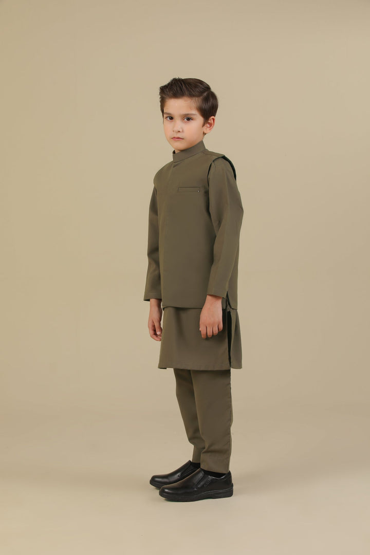 Muraqsh Ready To Wear Solids Cotton Boys Olive Green Kurta Trouser with Blended Waistcoat MUR-OGKTW - Summer Collection
