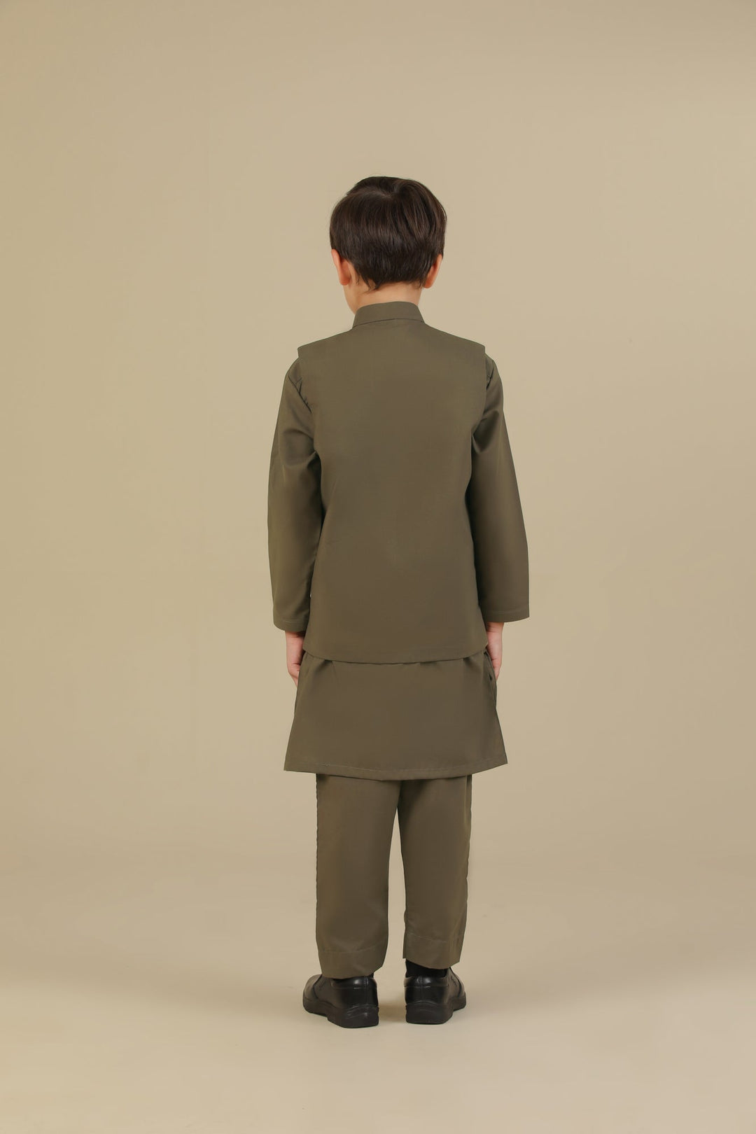 Muraqsh Ready To Wear Solids Cotton Boys Olive Green Kurta Trouser with Blended Waistcoat MUR-OGKTW - Summer Collection