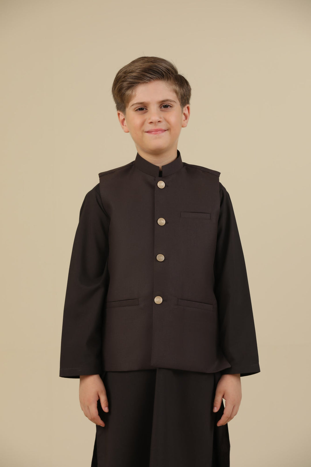 Muraqsh Ready To Wear Solids Cotton Boys Dark Brown Kurta Trouser with Suiting Waistcoat Straight Cut MUR-DBKTW - Summer Collection