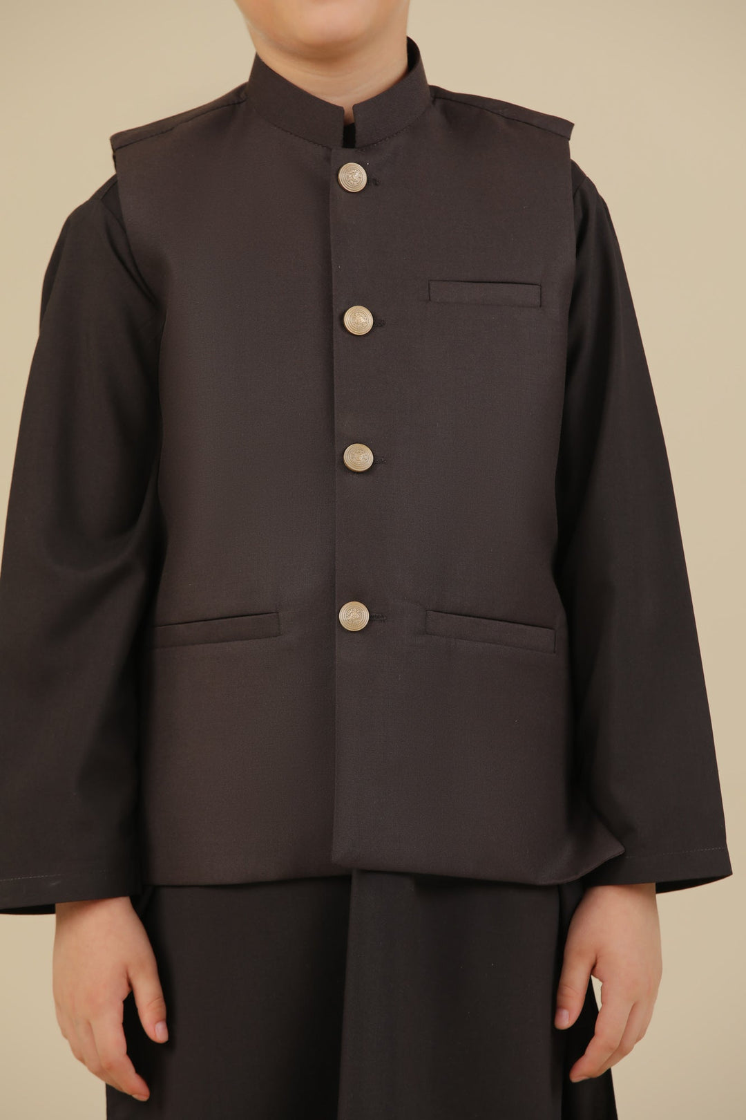 Muraqsh Ready To Wear Solids Cotton Boys Dark Brown Kurta Trouser with Suiting Waistcoat Straight Cut MUR-DBKTW - Summer Collection