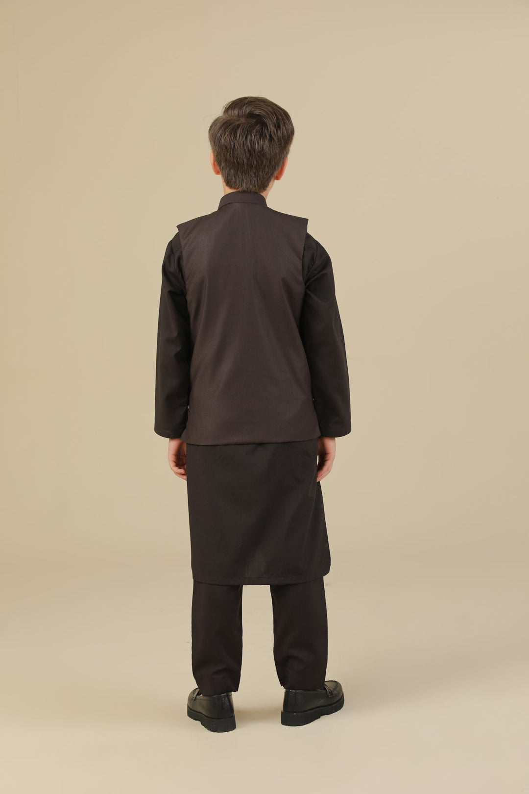 Muraqsh Ready To Wear Solids Cotton Boys Dark Brown Suiting Waistcoat Straight Cut Buttoned MUR-DBSW - Summer Collection