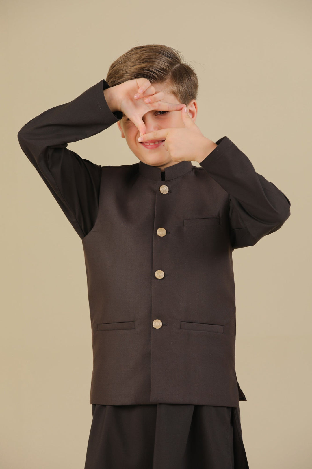 Muraqsh Ready To Wear Solids Cotton Boys Dark Brown Suiting Waistcoat Straight Cut Buttoned MUR-DBSW - Summer Collection