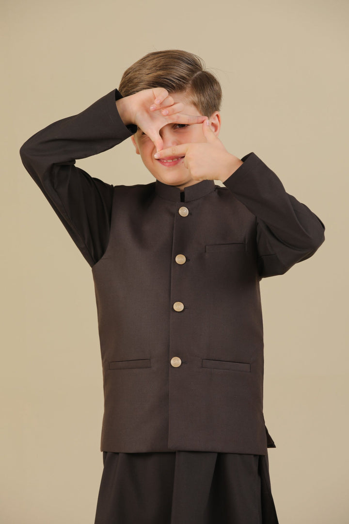 Muraqsh Ready To Wear Solids Cotton Boys Dark Brown Suiting Waistcoat Straight Cut Buttoned MUR-DBSW - Summer Collection